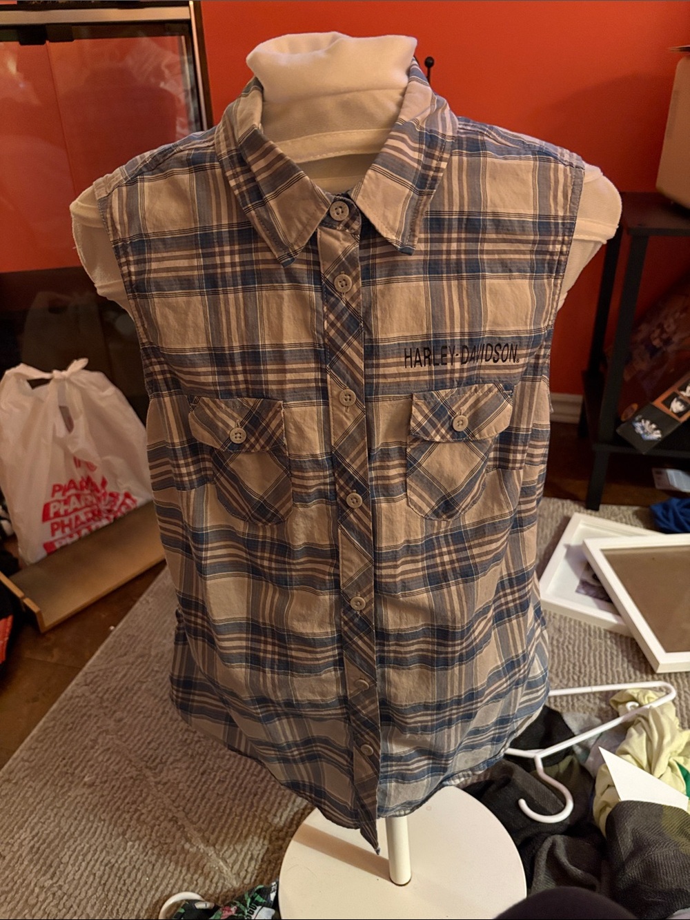 Harley Davidson blue and white flannel button down collared sleeveless top